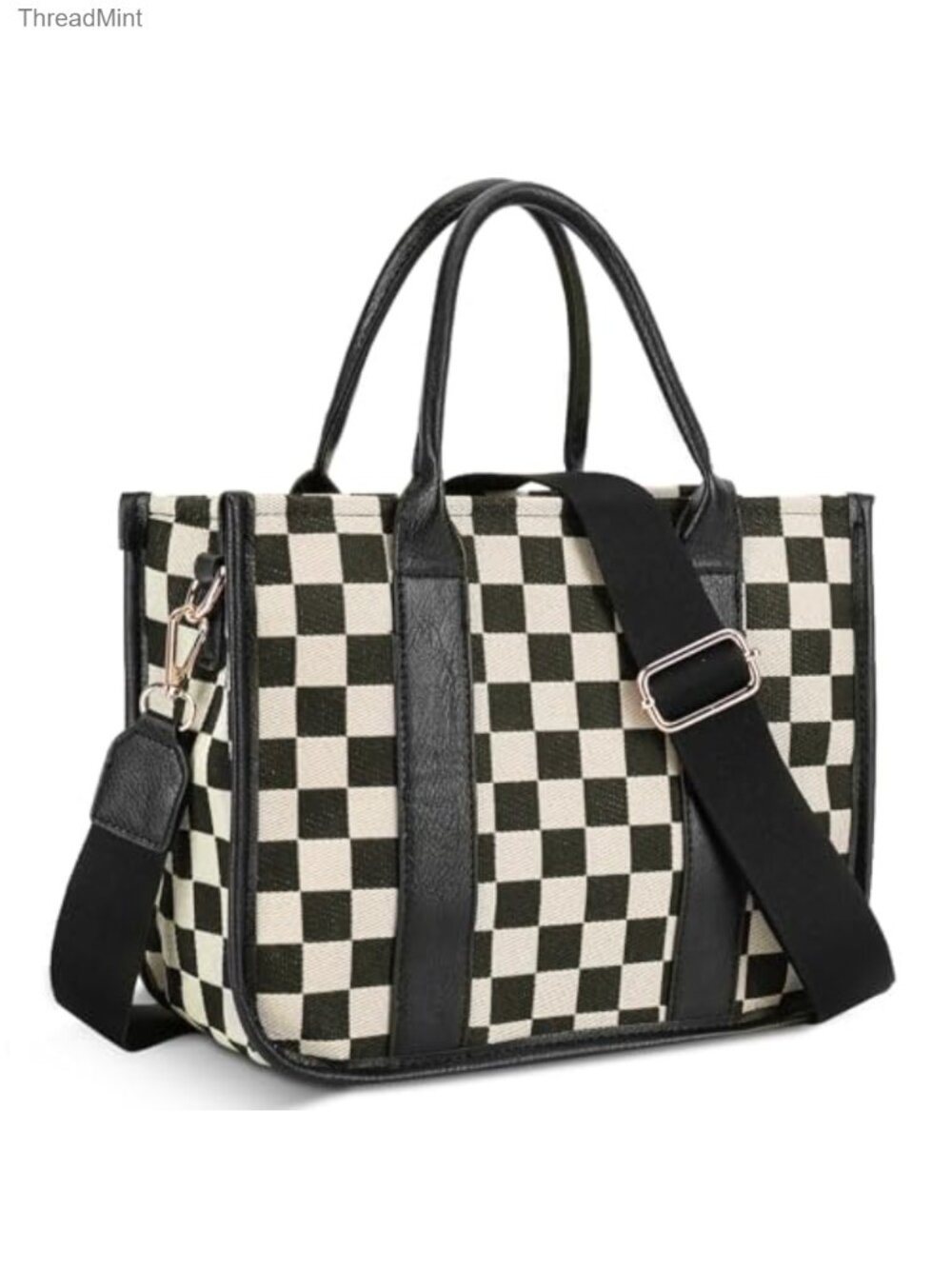 Canvas PU Leather Checkered Crossbody Bag Satchel Tote with Adjustable Strap